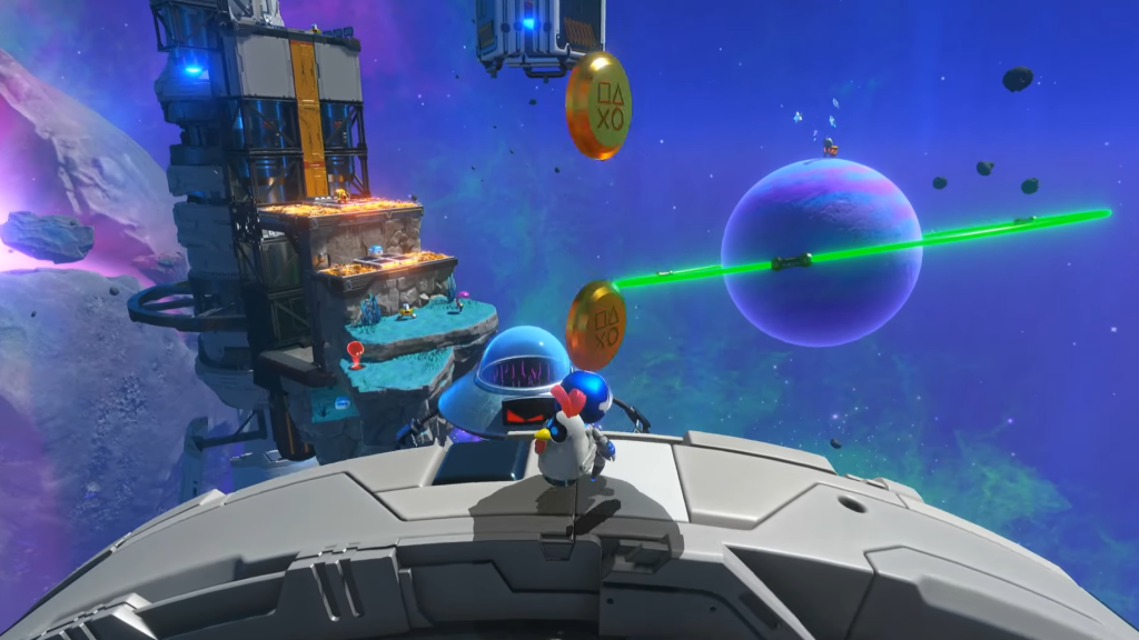 Astro bot standing atop a metal structure and looking at a planet with a green ring around it and a bot standing atop it. 