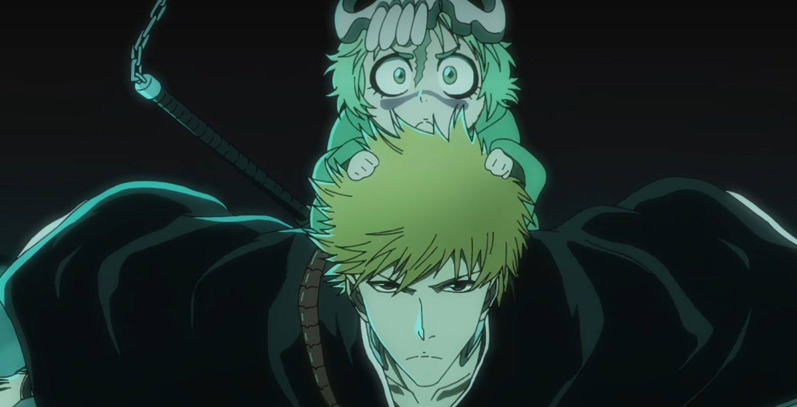 Ichigo looks determined in the picture with Nel sitting on his back in Bleach 