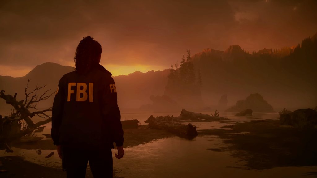 A screenshot from Alan Wake 2 shows the protagonist, Saga Anderson, gazing at a visually stunning sunset scene.