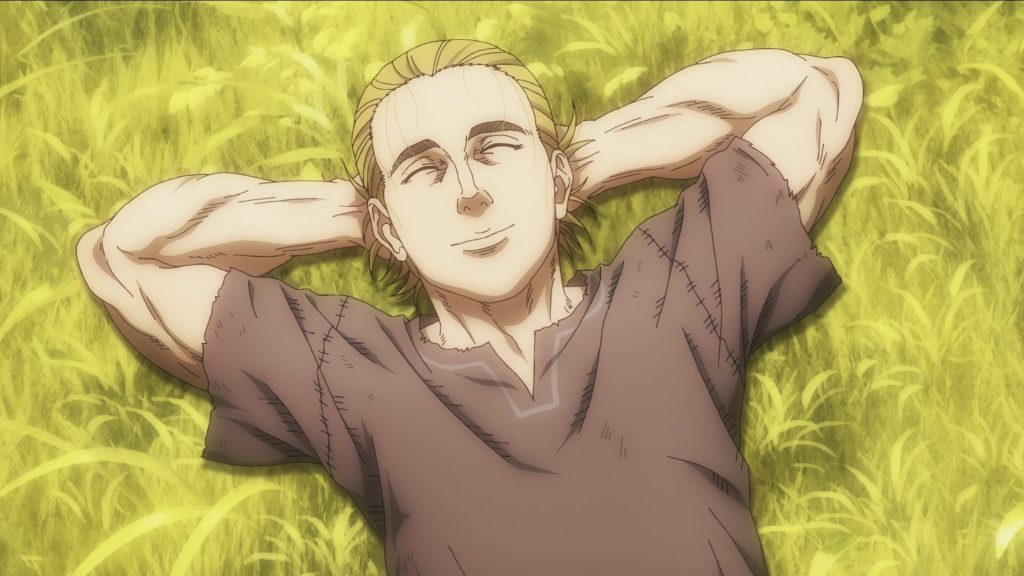 Thorfinn lying on grass 