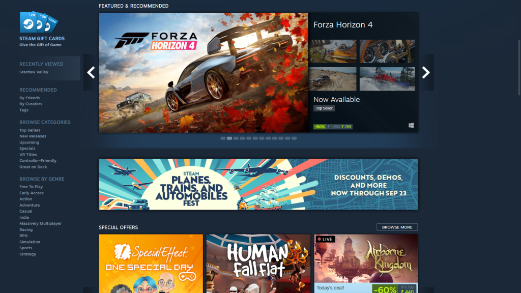 The homepage of Steam showing various games on offer.