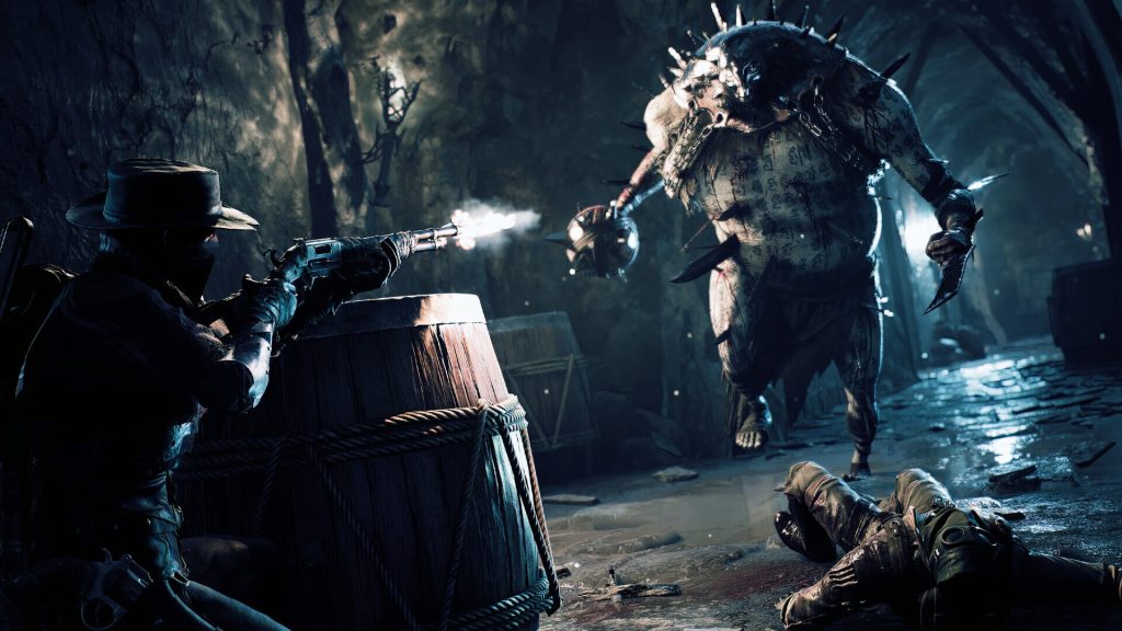 The image show a player shooting an enemy while hiding behind cover in Remnant 2