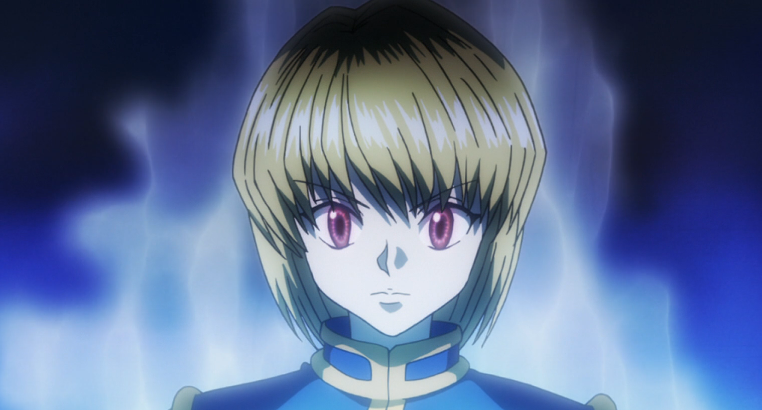 Kurapika's eyes look red with a blue aura around him in Yoshihiro Togashi's Hunter x Hunter 