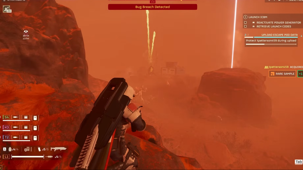 The player aiming at a Bile Spewer using its mortar cannon attack to attack from above.