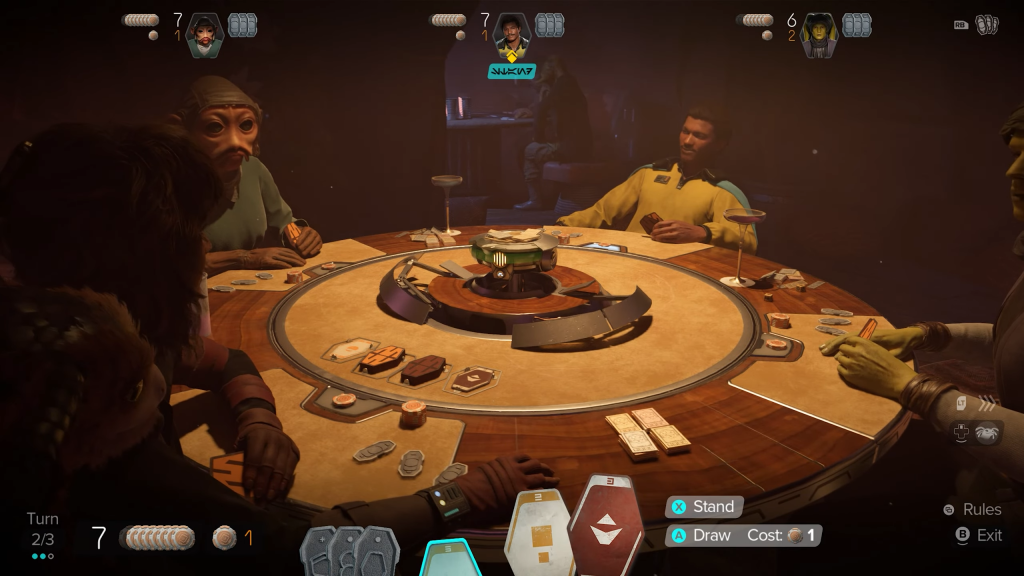 An image of Kay Vess playing Sabacc against Lando Calrissian in Star Wars Outlaws. 