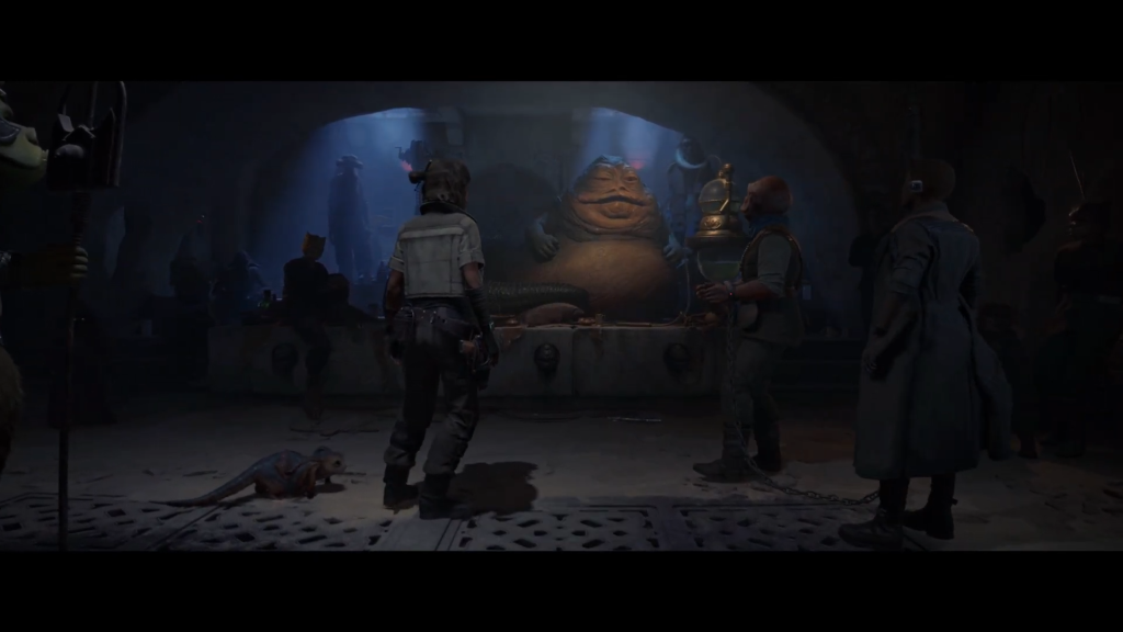 An image of Kay Vess approaching Jabba the Hutt in Star Wars Outlaws. 