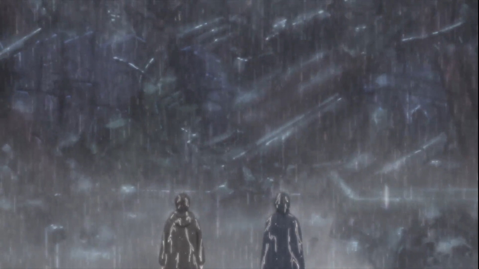 Sai and Sasuke are looking over debris in pouring rain 