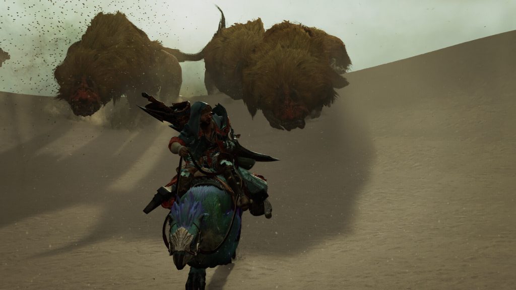 The image shows a player running away from horde of monster in Monster Hunter Wilds (a possible crown jewel for Nintendo Switch 2)