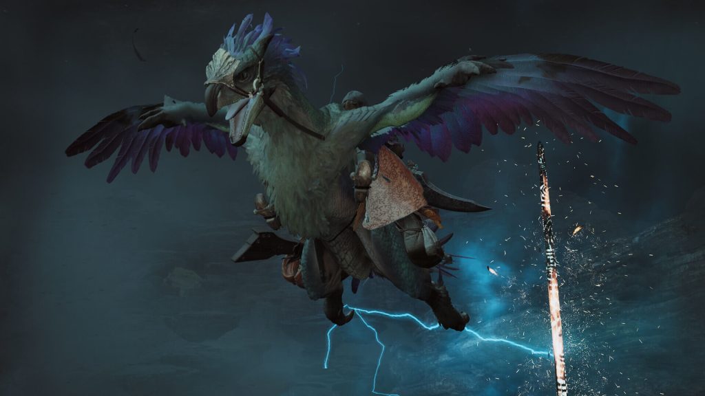 The image shows a players flying with their mount in Monster Hunter Wilds 