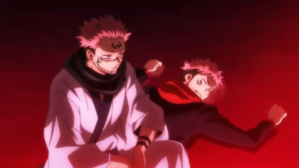 Sukuna sitting on Yuji in Jujutsu Kaisen anime