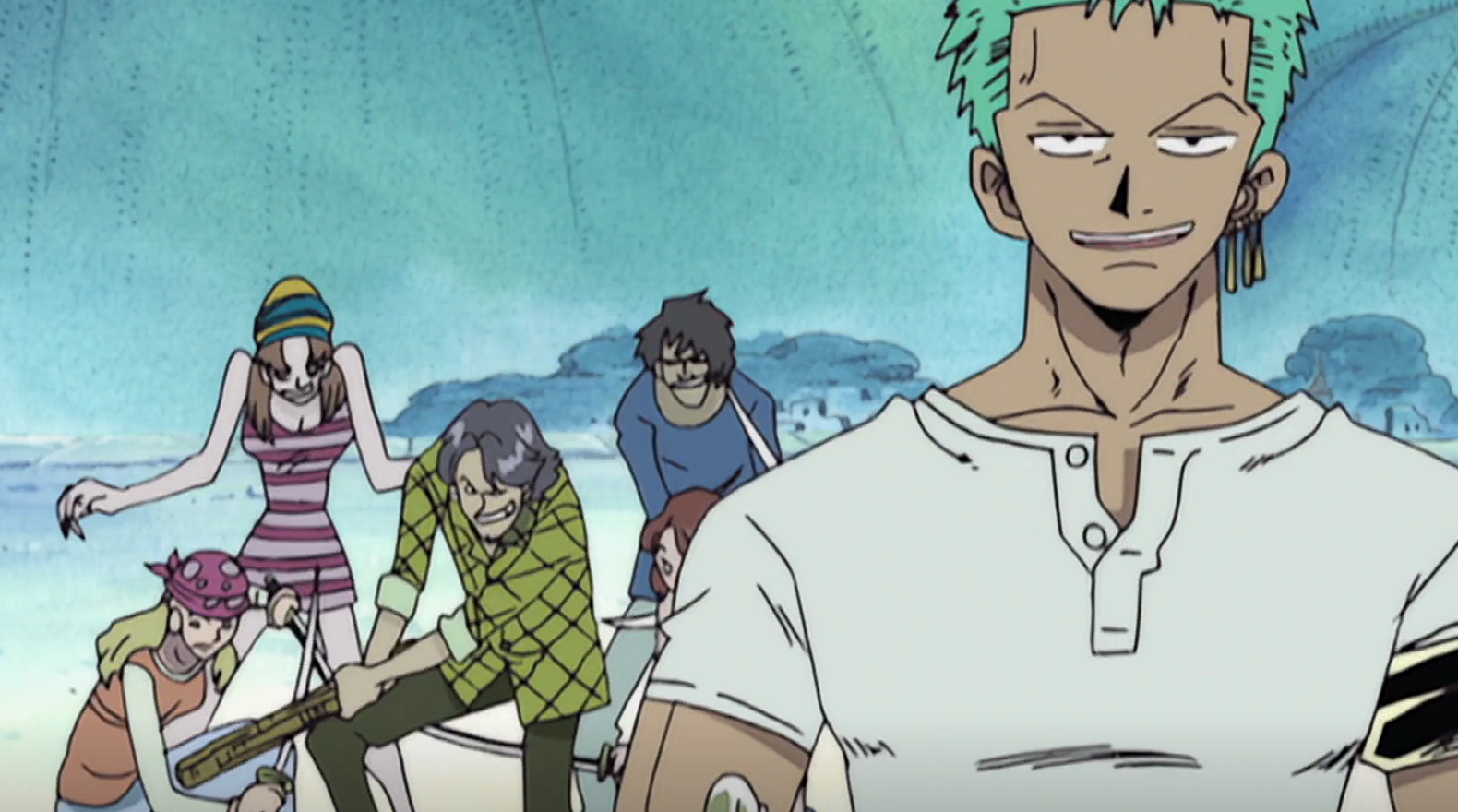 Zoro is standing in the front smiling while people can be seen behind him in One Piece