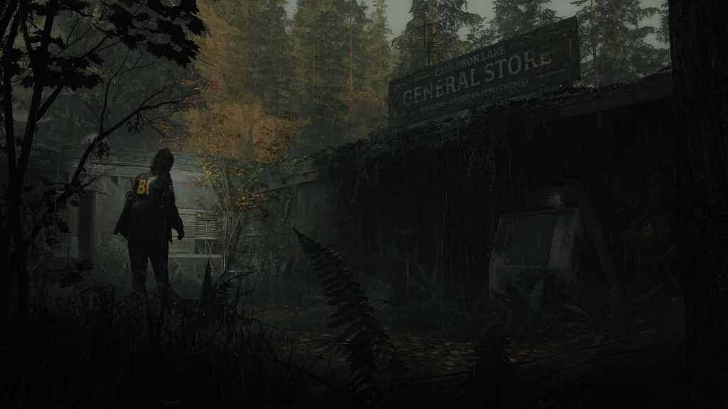 A still from Alan Wake 2, featuring Saga investigating Robert Nightingale's murder in Alan Wake 2 