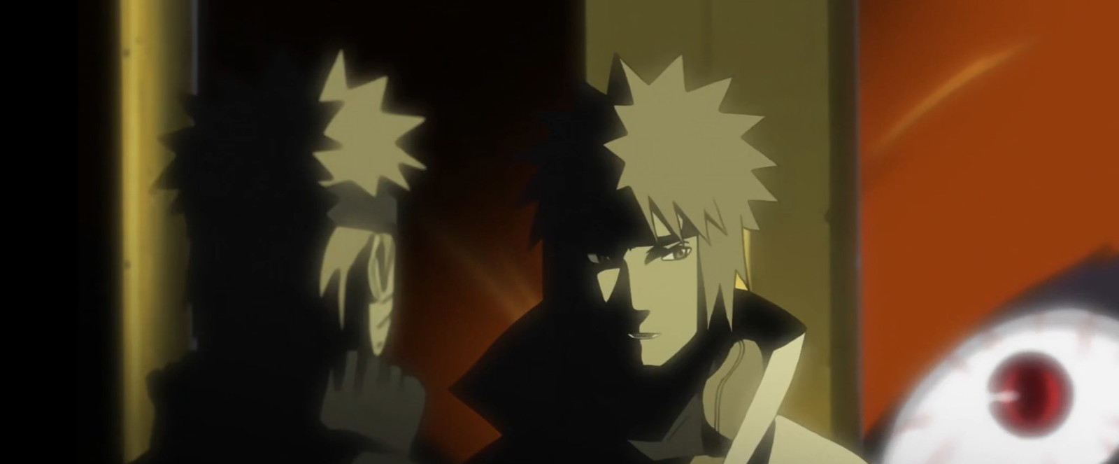 Behind Minato and Naruto, Kurama’s sinister eye is visible in the background 