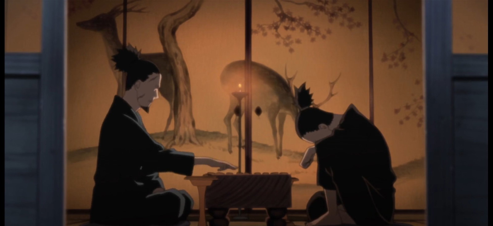 Shikamaru has his head down on his knee and his dad is sitting across him in Masashi Kishimoto’s Naruto 