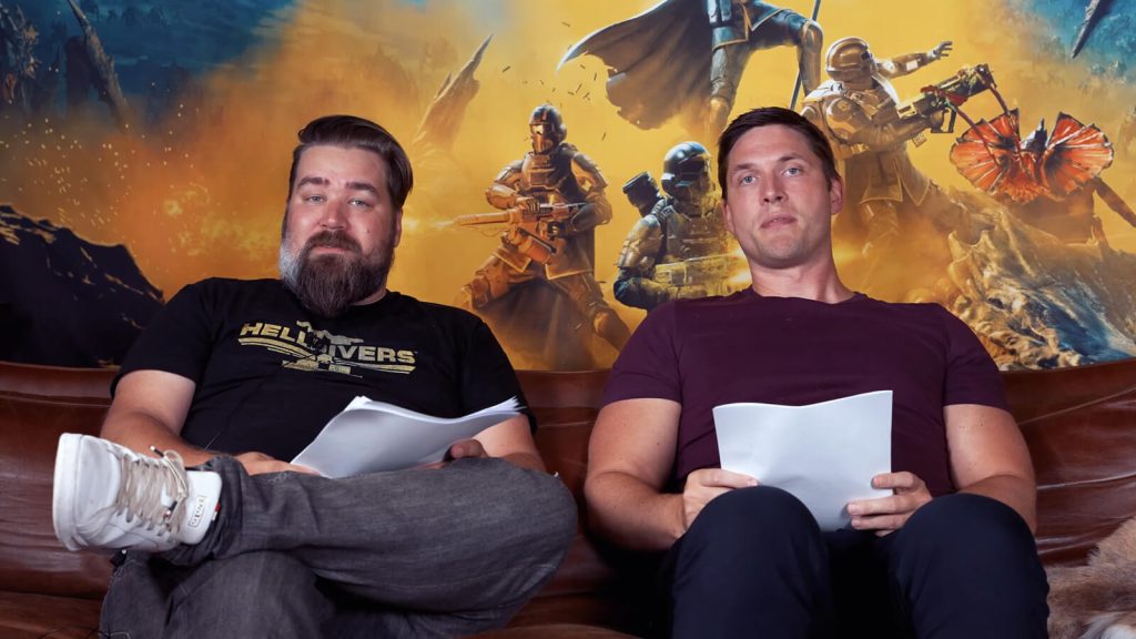 A screenshot of Arrowhead Game Studios Chief Creative Officer Johan Pilestedt and Design Director Niklas Malmborg presenting the latest patch notes to Helldivers 2 players.