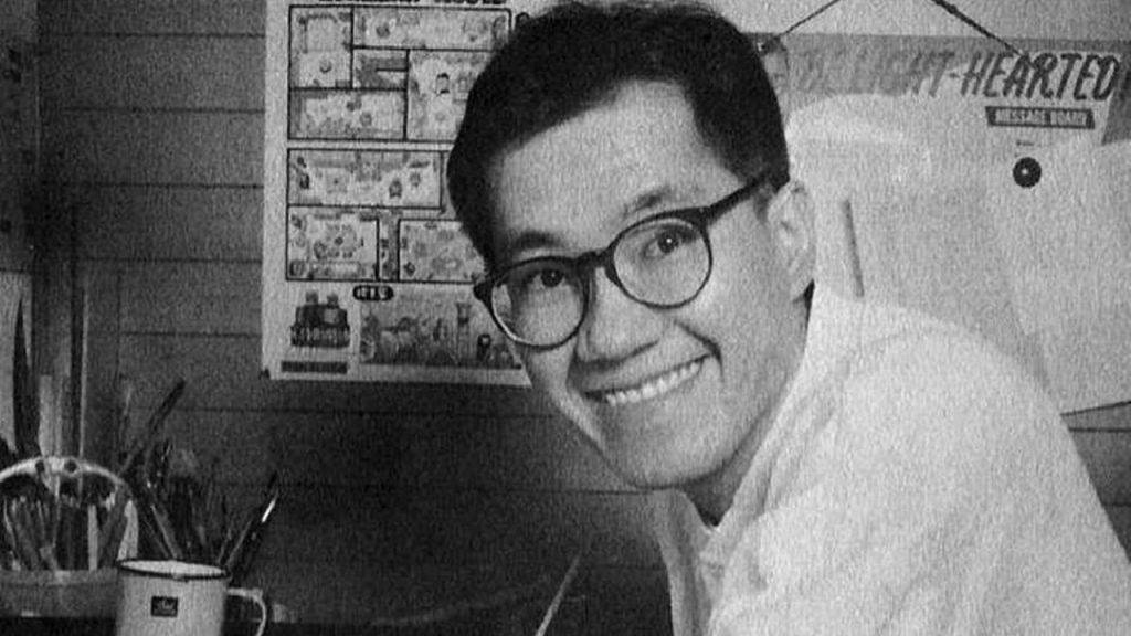 A black and white photo of Dragon Ball creator Akira Toriyama.