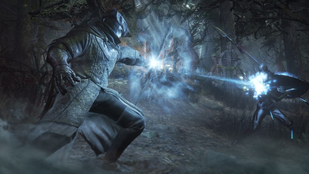 The image shows a player using magic against an enemy in Dark Souls 3