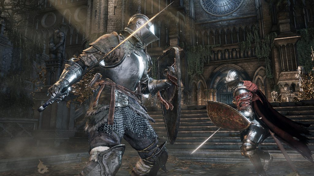 The image shows a player fighting a enemy soldier in Dark Souls 3