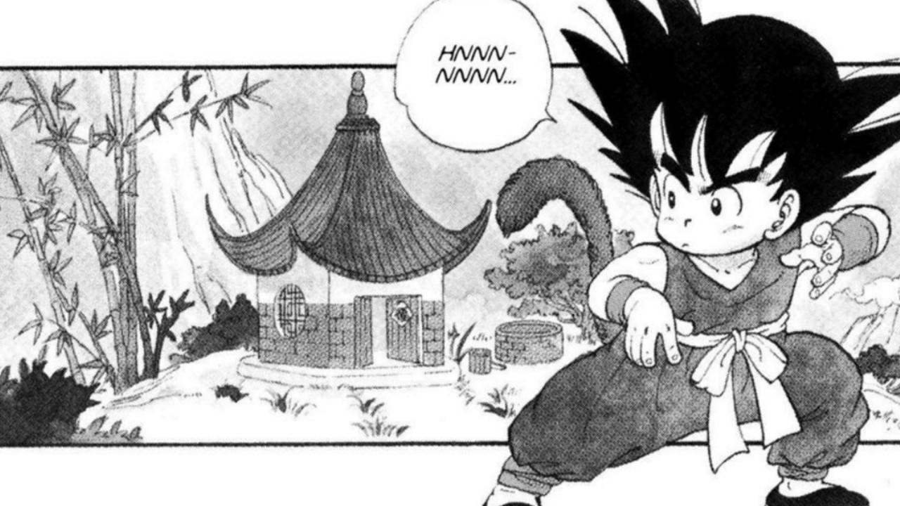 Young Goku is visible in the picture with a hut in the background 