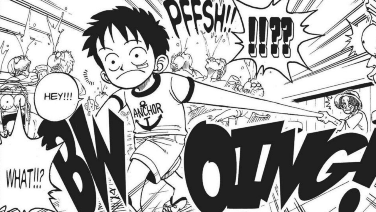 Luffy is young and his hand is stretched with Shanks Holding it in One Piece