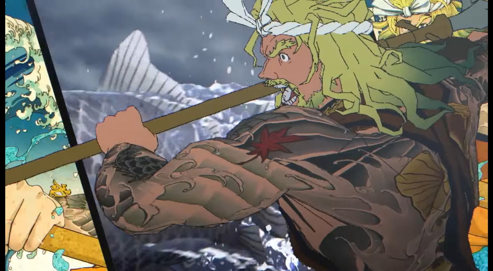 Aquaman has a spear in hand with a tattoo sleeve in new Batman Ninja vs. Yakuza Ninja anime