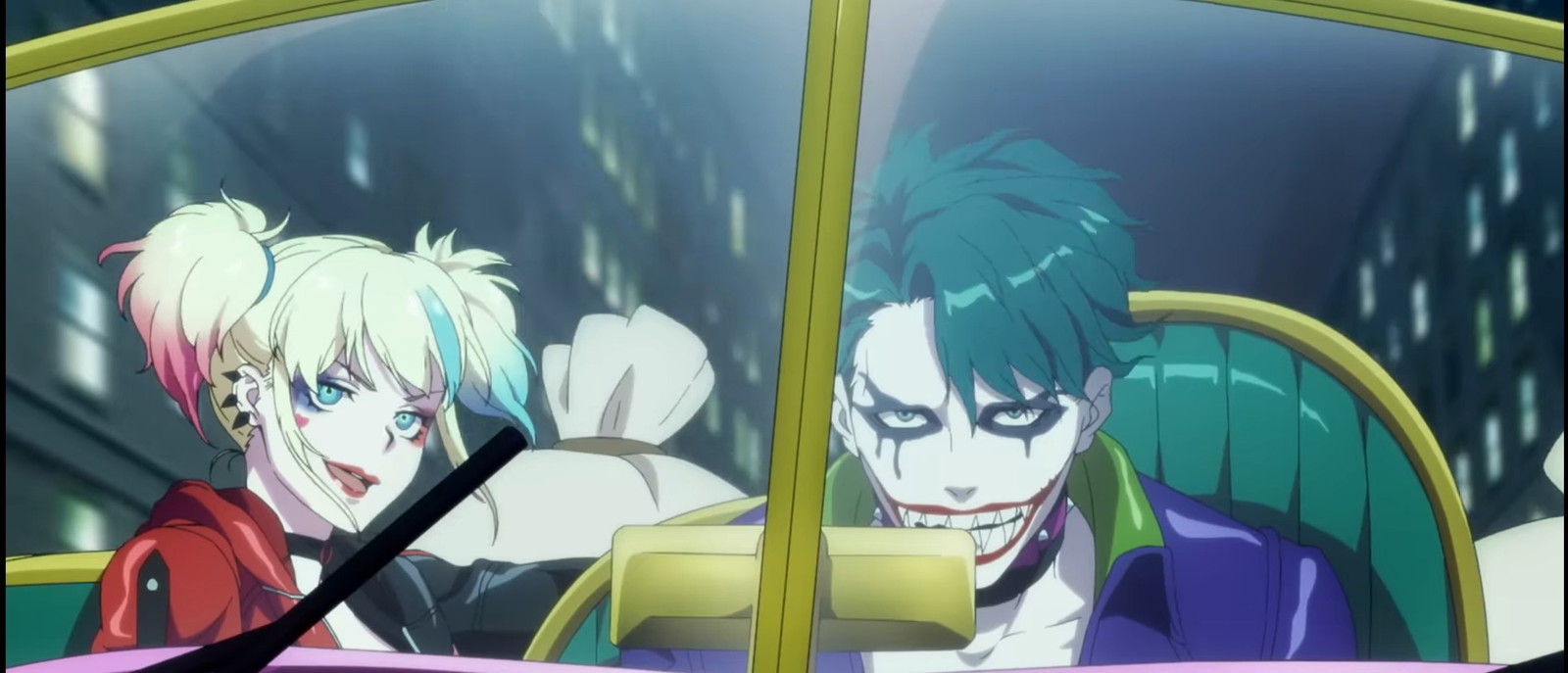 Harley Quinn and joker are sitting in a car in the Suicide Squad Isekai 