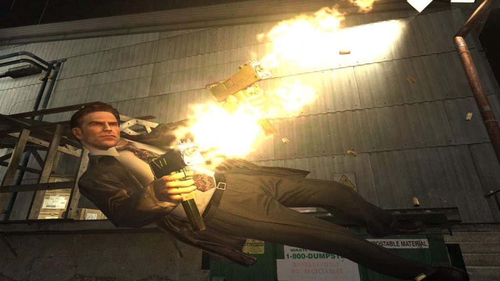 The image shows Max doing the signature diving and shooting in Max Payne 2 