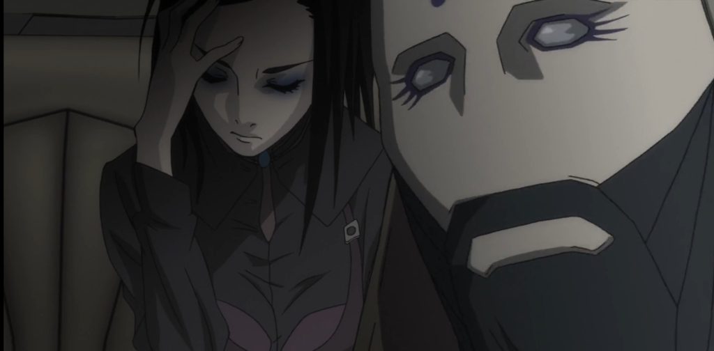 Re-l sits in the backseat holding her head in Dai Sato’s Ergo Proxy anime