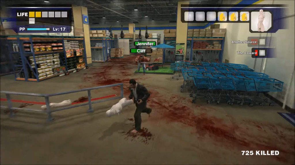 Frank West in Dead Rising running away with a mannequin torso.