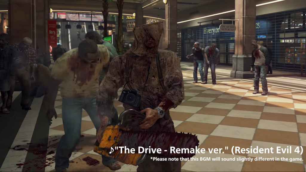 Frank dressed as the Chainsaw Villager in Dead Rising holding the chainsaw. 