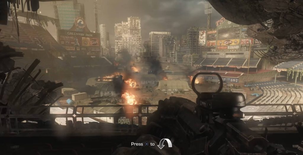 The character in Call of Duty Ghosts is standing with a devastated stadium in sight.