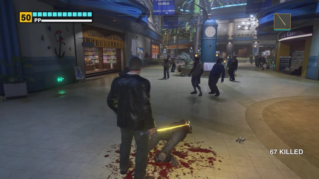 Frank facing down some zombies in the mall while holding the Laser Sword.