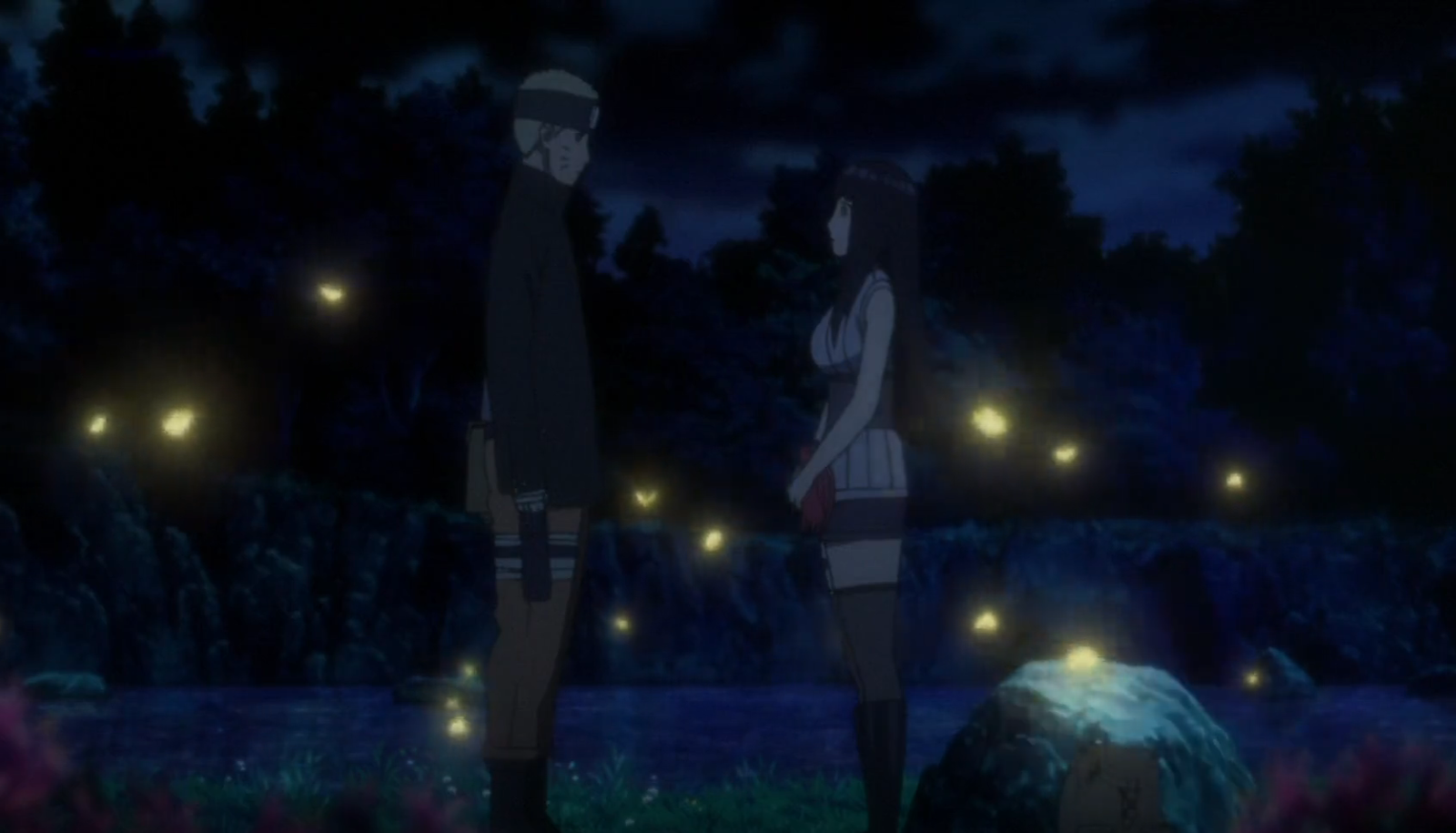 Naruto and Hinata stand in front of each other with fireflies in the background 