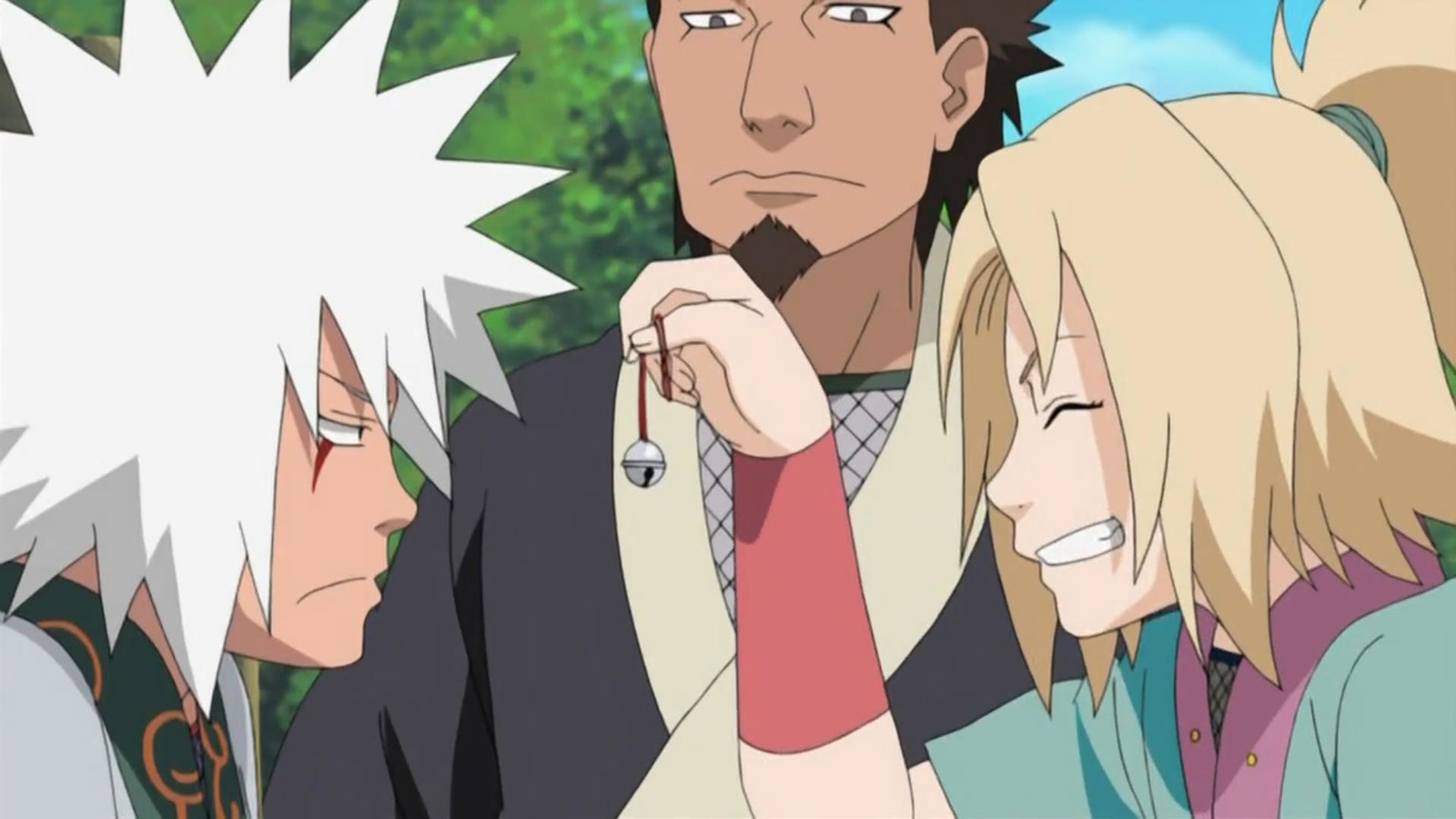 Tsunade is smiling and looking at Jiraiya with a bell in her hand