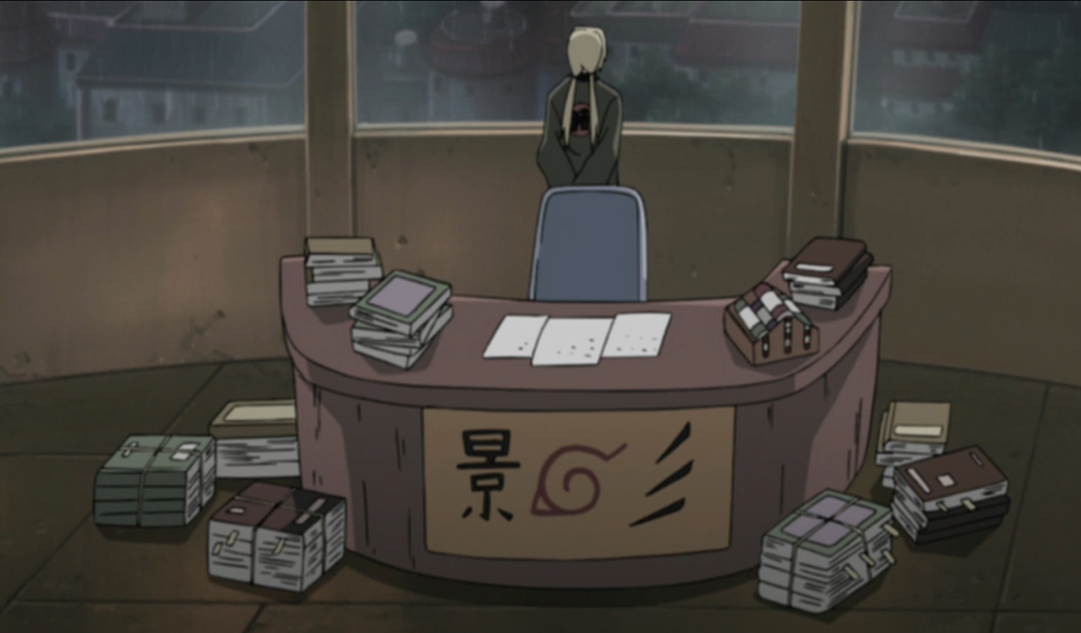 Tsunade is in the Hokage office and looking outside the window in Masashi Kishimoto's Naruto 