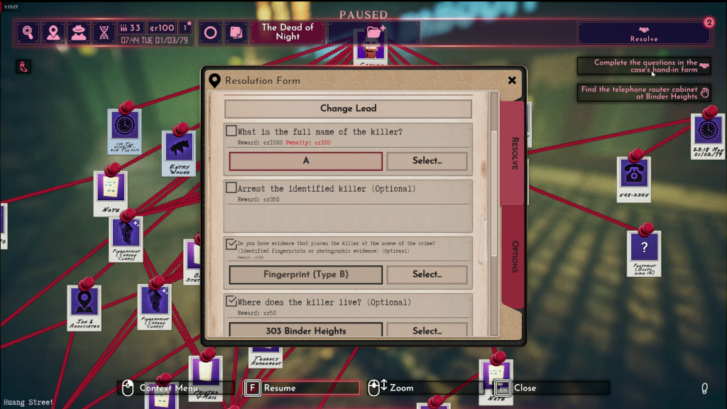 An in-game screenshot of Shadows of Doubt showing the game's crime resolution form-filling mechanic.