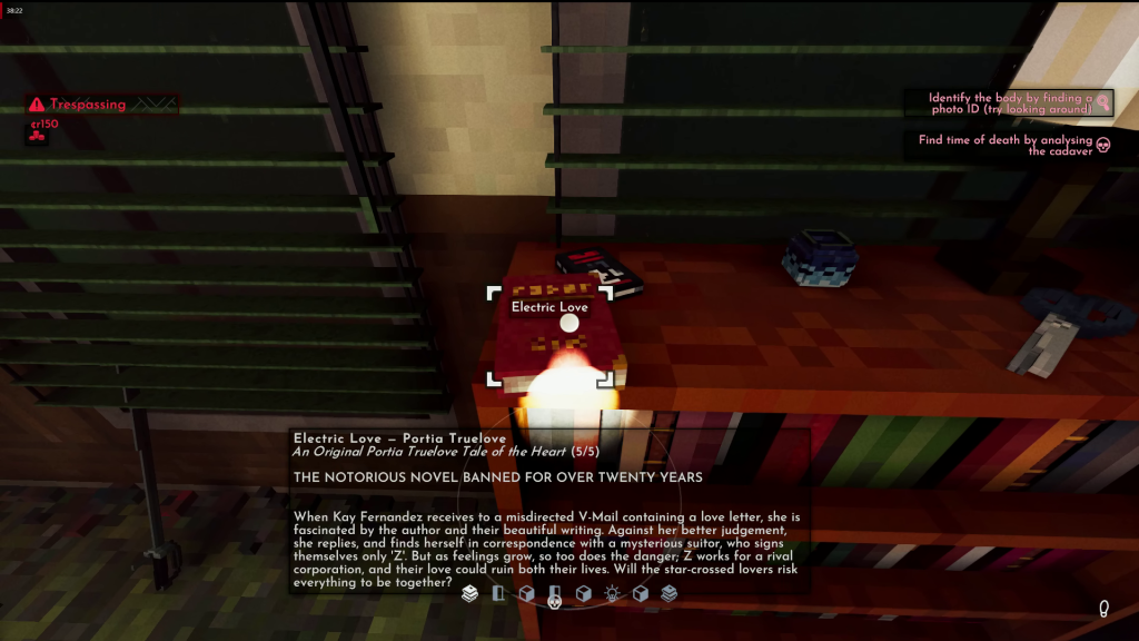 An in-game screenshot of Shadows of Doubt showing the player looking at evidence.