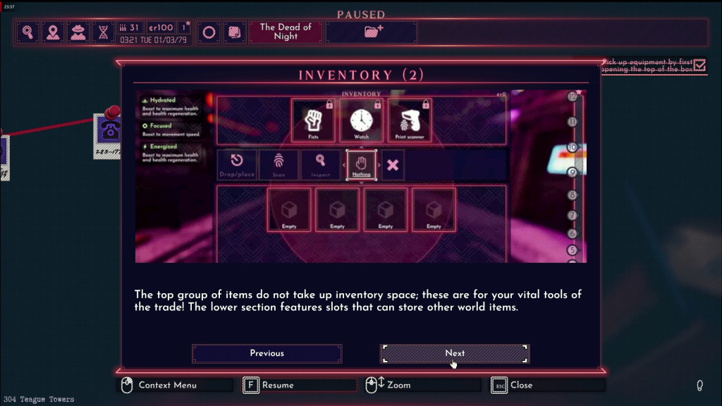 An in-game screenshot of Shadows of Doubt showing the game's Inventory System.