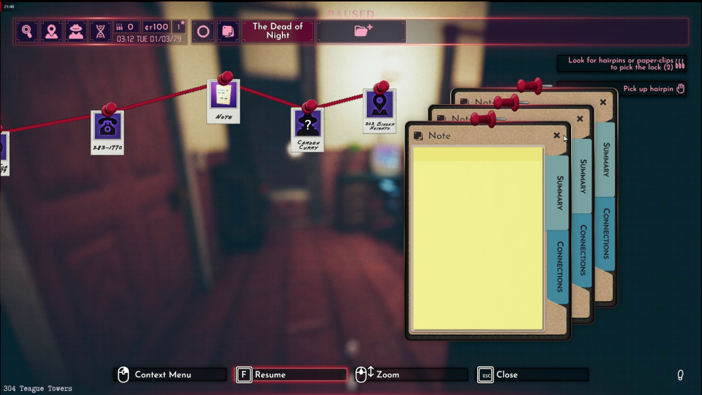 An in-game screenshot of Shadows of Doubt showing the game's note-taking system.