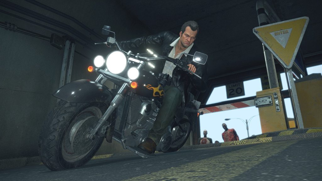 Frank West riding a bike in Dead Rising Deluxe Remaster.