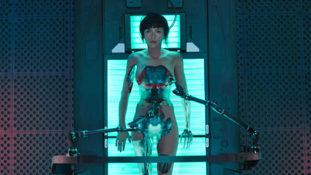 Scarlett Johansson as Major Motoko Kusanagi in Ghost in the Shell.