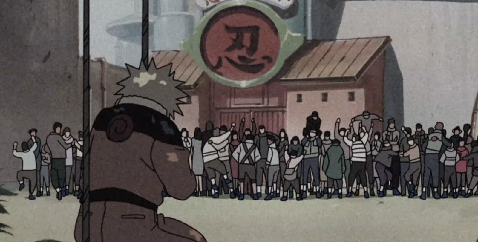 Naruto is sitting on a swing while other characters are assembled outside the academy in Naruto 