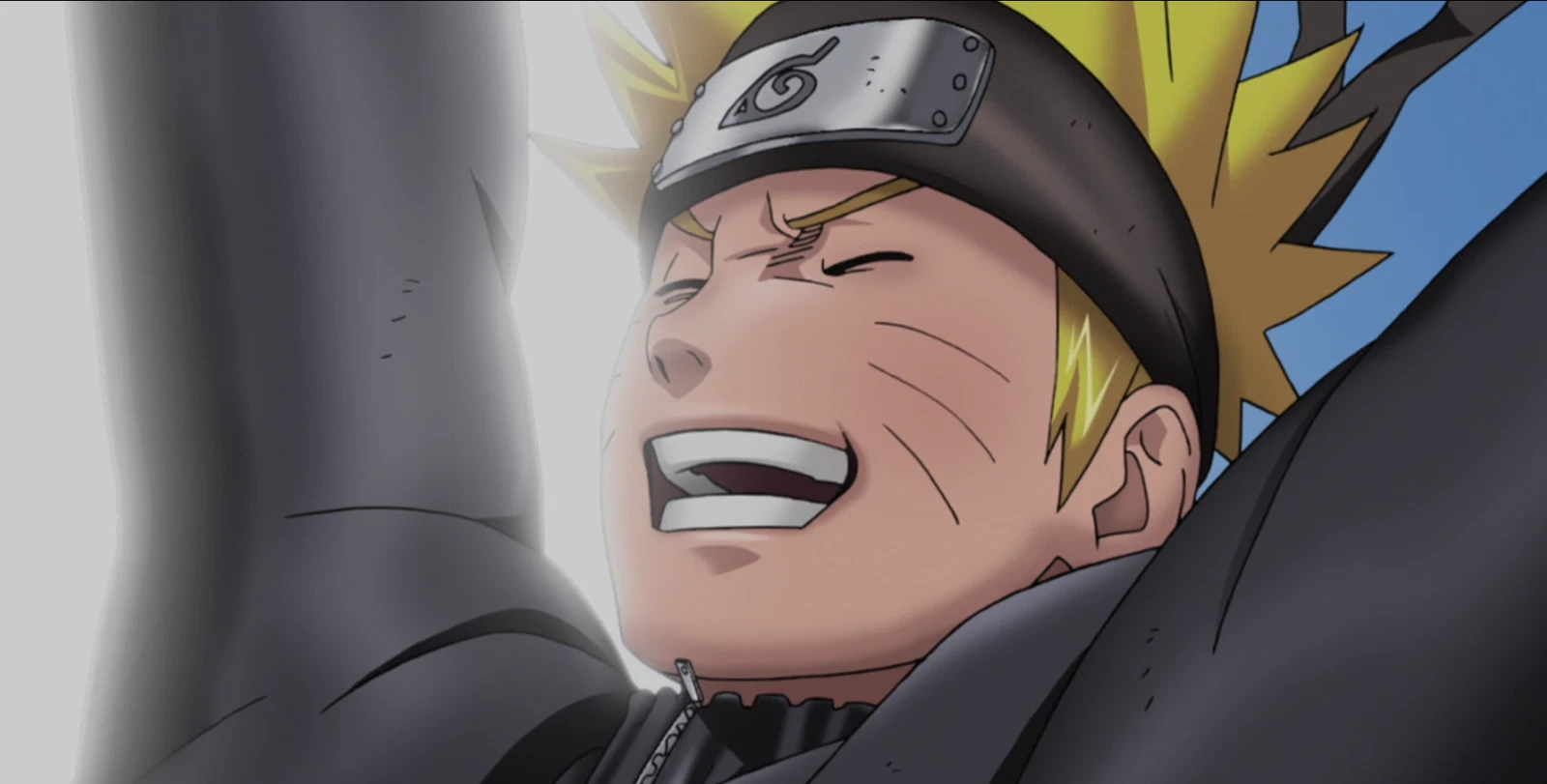 Naruto has a pleasant smile on his face and his hands raised high in Masashi Kishimoto's Naruto 