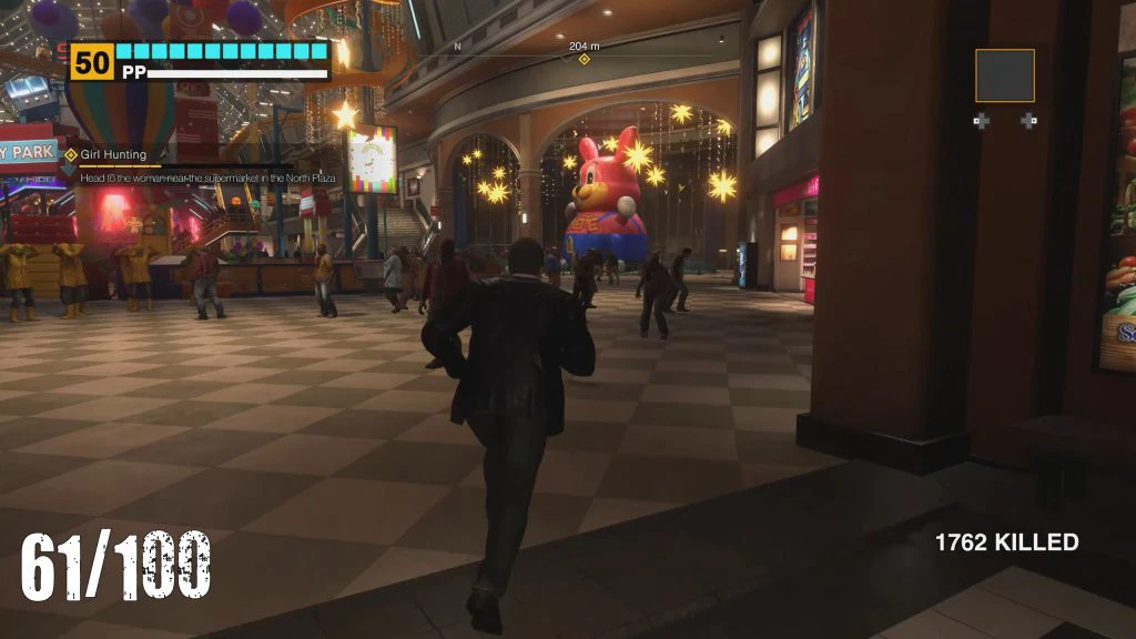 An in-game screenshot of Deadrising Deluxe Remaster showing how to get to the first one of the Wonderland Plaza PP Sticker locations.