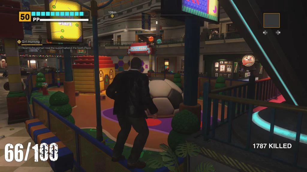 An in-game screenshot of Deadrising Deluxe Remaster showing a halved football structure.