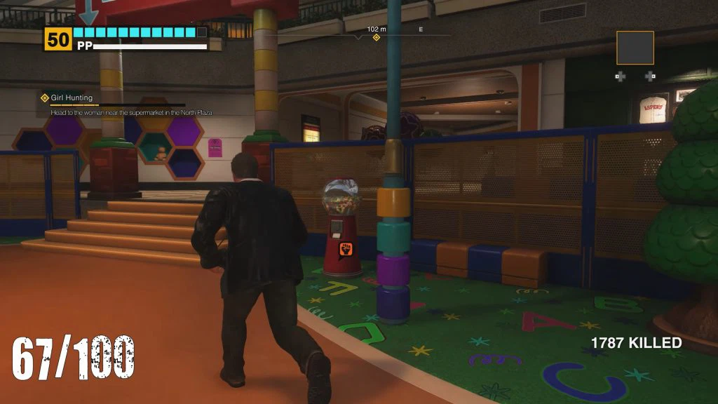 An in-game screenshot of Deadrising Deluxe Remaster showing Frank beside a staircase.