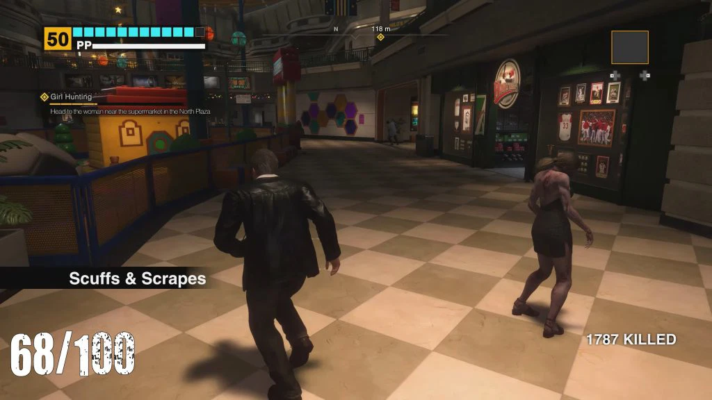 An in-game screenshot of Deadrising Deluxe Remaster showing Frank heading to Homerunners.