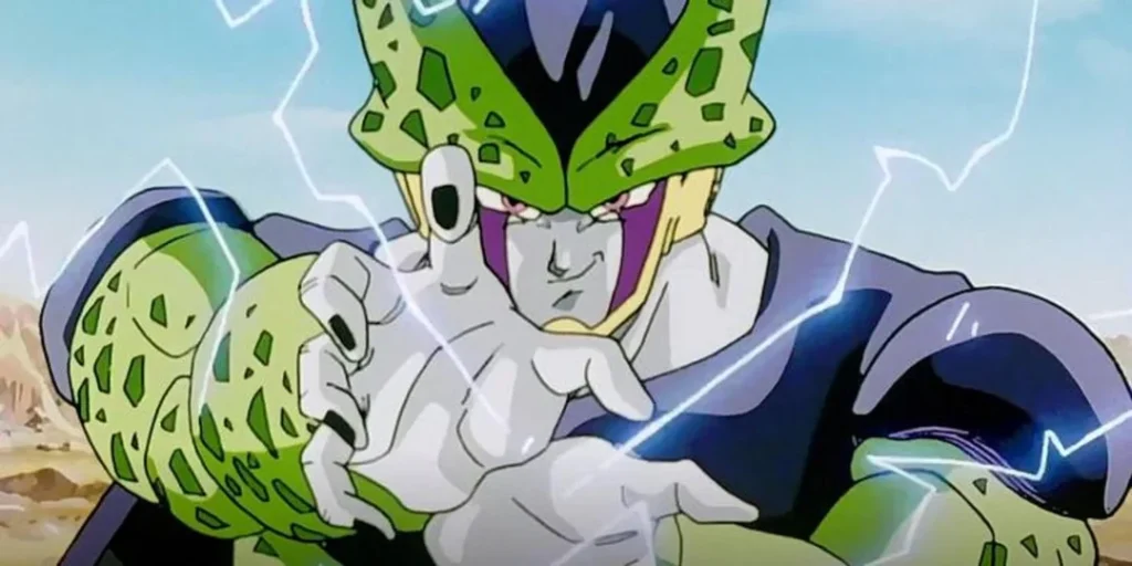 Cell in a battle with Goku and Vegeta