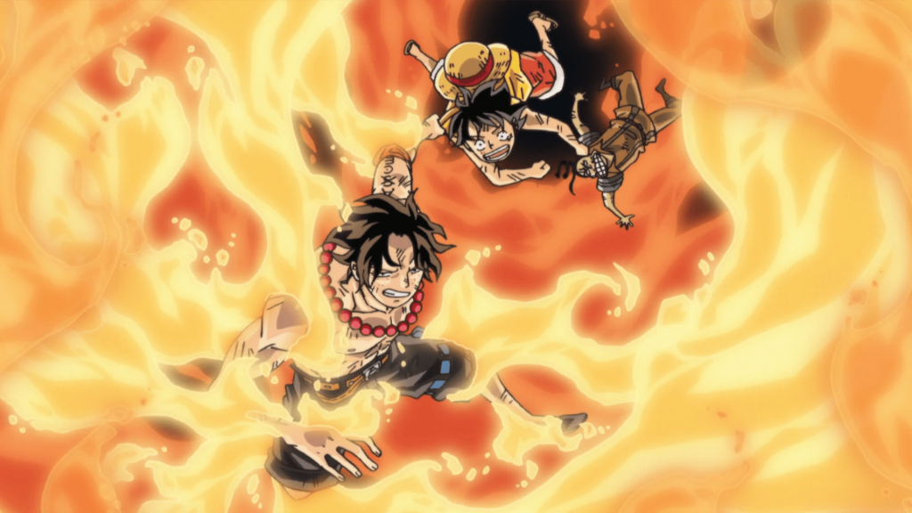 Luffy frees Ace from the execution platform in One Piece.