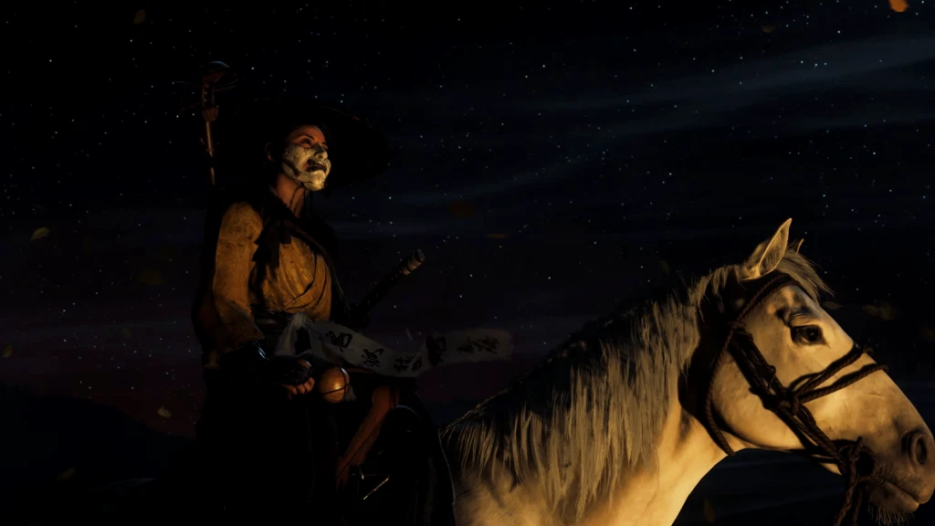 A scene from the Ghost of Yotei announcement trailer shows protagonist Atsu on horseback at night.